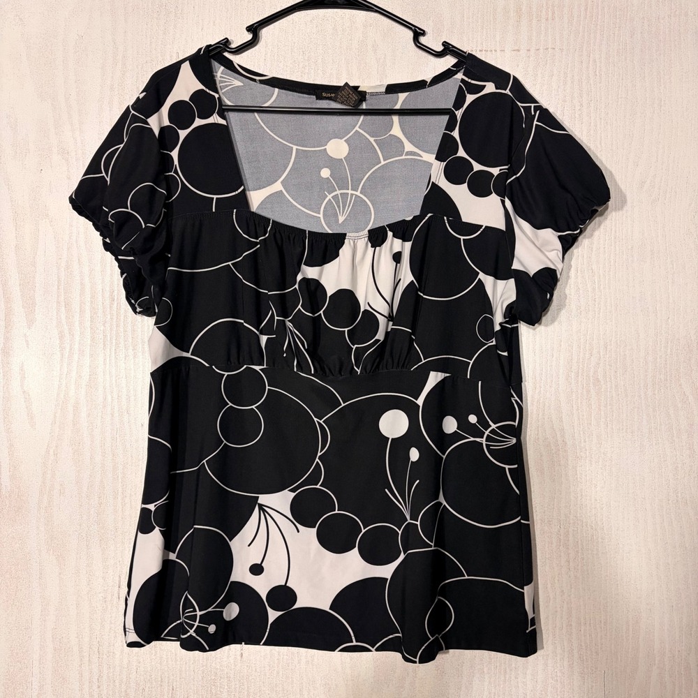 Susan Lawrence Blouse Womens XL Black White Circle Print Empire Waist Top
